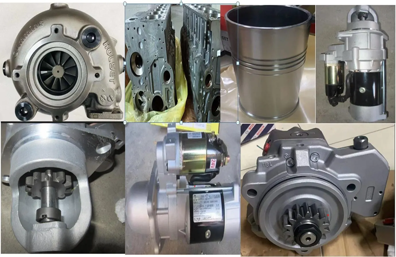 A grid of construction equipment spare parts including turbochargers, cylinder liners and hydraulic pumps.