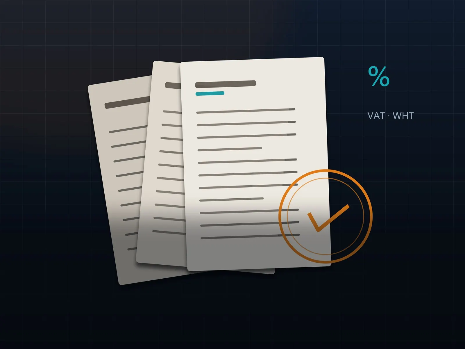 An illustration of a stack of tax and VAT returns with an approval stamp, representing corporate tax and VAT compliance work.